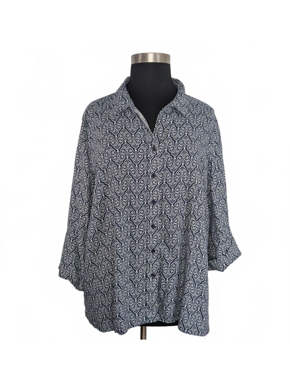 Anne Carson 3X Navy Geometric Button Down Shirt Tunic Top Office Linen Blend